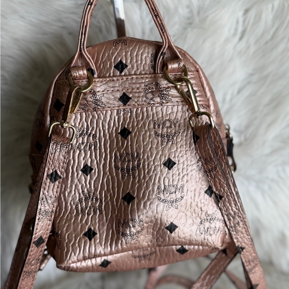 MCM Stark Bebe Boo X-Mini Backpack Metallic Rose Monogram Pink Visetos Leather - Picture 5 of 13